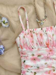 SHEIN Tween Girl Floral Print Ruffle Strap Dress, Beach Vacation - Multicolor - View 4