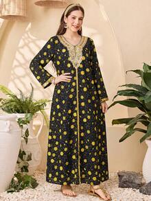 SHEIN Kids Teen Girl Floral Print Pattern Gold Ribbon Loose Casual Dress Embroidered Neckline Dress Long Modest Dresses Black And Yellow Dress Floral Print Dress Embroidered Dress Black Gold Dress Sunflower Floral Print Dress Ladies Floral Dress Black Dress With Yellow Flowers Ladies Dress Long Sleeve Dress,Kids - Black - View 4