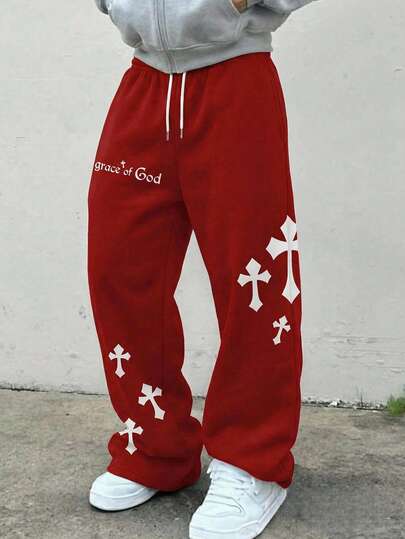 SHEIN Coolqubz Casual Loose Straight Leg Sweatpants For Teenage Boys, Comfortable Pentagram Pattern Suitable For Daily Wear & Commuting