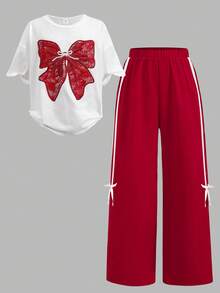 SHEIN Tween Girls' Casual Butterfly Graphic Round Neck Short Sleeve T-Shirt And Pants Set - Multicolor - View 6