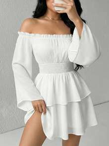 SHEIN SXY Vestido de línea A con volantes en los hombros, mangas acampanadas y dobladillo con capas de unicolor para mujer - Blanco - Ver 1