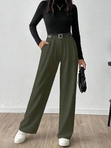 SHEIN Cottnline Women Solid Color Extra Wide Leg Pants - Army Green - View 5