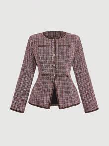 SHEIN MOD 加大码两件套女士粗花呢撞色纽扣套装，长裙套装，女士纯色长袖单排扣优雅粗花呢西装外套，秋冬服装，抛光银色纽扣装饰 - 紅色 - 查看 7