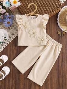 SHEIN Conjunto de 2 piezas de top con volantes y pantalones con diseño floral 3D lindo para niña bebé en verano - Albaricoque - Ver 3