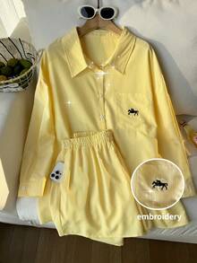SHEIN EZwear 大码春夏刺绣衬衫短裤套装，休闲黄色条纹衬衫两件套 - 鵝黃色 - 查看 6