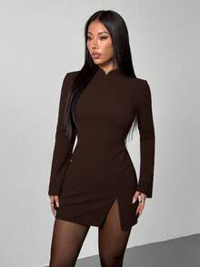 SHEIN PETITE 冬季優雅深棕色女款迷你洋裝，復古立領修身喇叭袖迷你裙，情人節約會之夜派對穿搭，春季洋裝，適合嬌小女性 - 咖啡棕 - 查看 5