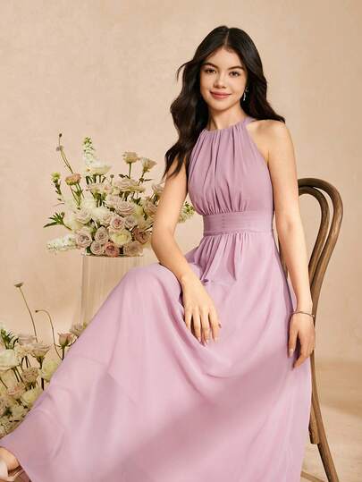 Teen Girl Elegant Chiffon Halter Waist Pleated Maxi Dress, Suitable For Graduation, Wedding, Prom, Formal Events, Teens & Tweens, Purple