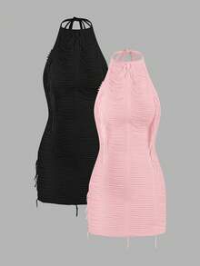 SHEIN ICON 2pcs Set Distressed Fringe Detail Mini Dress - Multicolor - View 6