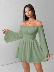 SHEIN PETITE Đầm trắng trễ vai, tay bồng xếp nếp, tay chuông - màu xanh lá - Xem 6