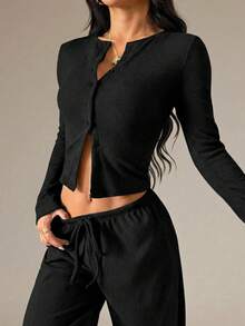 SHEIN PETITE Women Luxurious Ribbed Knit Co-Ord Set Long Sleeve Button Up Cardigan With Wide Leg Palazzo Pants Fall Winter Loungewear - Black - View 5