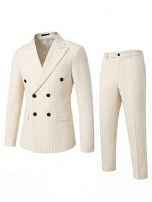Manfinity Bizformal 男士纯色缺角领双排扣长袖西装外套和长袖休闲办公套装 - 淡黃色 - 查看 4