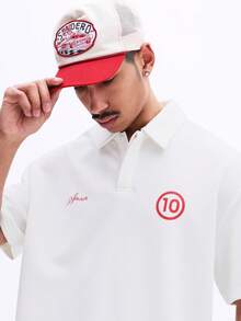 SUMWON Men's Boxy Fit Collared Polo Shirt With Embroidered Logo Chest Print Short Sleeve Casual Summer Top - Apricot - View 6