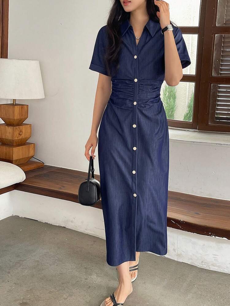 Women's Solid Color Lapel Single-Breasted Pleated Elegant Waist Midi Dress, Suitable For Party And Outings Summer