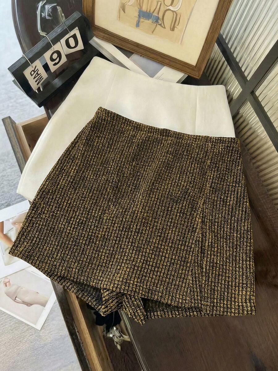 Franclia Petite Women's Elegant Sexy Slit Glittery Gold Mini Skirt, Versatile For Parties & Dates - Gold - View 1