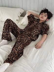 DAZY Tween Boy Leopard Print Single-Breasted Short Sleeve Top And Wide Leg Pants Casual Loungewear Pajama Set - Brown - View 7