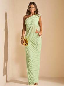 SHEIN BAE 浅绿色不对称褶皱连衣裙，优雅网纱沙滩度假连衣裙，适合夏季婚礼宾客，波西米亚风正式沙滩晚礼服，度假派对连衣裙，沙滩度假迷你连衣裙，早午餐连衣裙，生日迷你连衣裙 - 綠色 - 查看 6