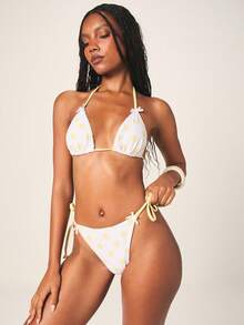 MISSGUIDED Polka Dot Triangle Bikini Set With Halter Neck And Tie Side Bottom For Beach Vacation Summer Swimwear - Multicolor - View 3