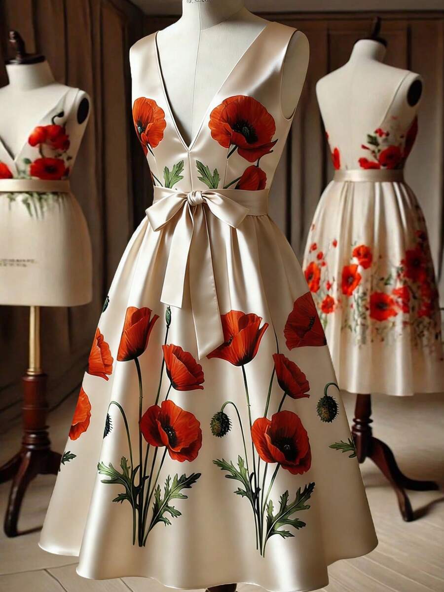 GlowEve Women's Floral Print V-Neck Sleeveless Mid-Length Dress - Multicolor - View 1