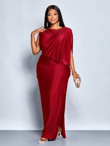 SOLERSUN 大码女式派对通勤优雅棕色亮面针织面料无袖露肩不对称领肩部褶裥臀部收褶性感H型下摆侧开衩长裙，圆领腰包搭配折叠臀部褶裥的超长连衣裙，不对称拼接褶裥，秋冬季，派对礼服，舞会礼服，奢华晚礼服，毕业礼服，红色连衣裙 - 酒紅色 - 查看 5