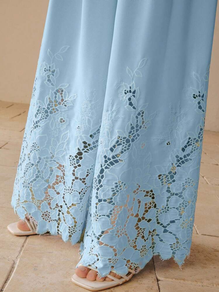 WOMEN'S BLUE EMBROIDERED ELEGANT CASUAL PANTS