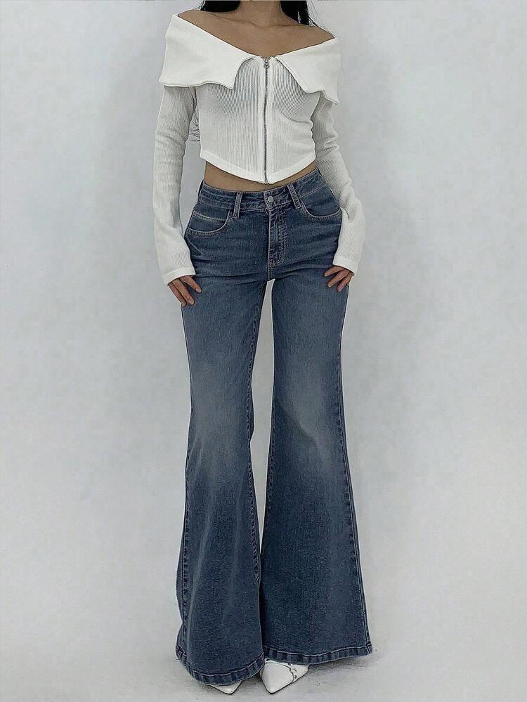 Women Retro Flared Jeans With Pockets, Versatile Casual Denim Pants