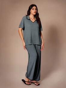 Lazeform 大码V领休闲磨毛短袖上衣和裤子家居服套装，显瘦，春夏款 - 霧霾藍 - 查看 5
