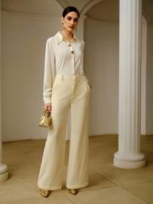 ZEYLAH 休闲百搭纯色灯芯绒阔腿裤，秋冬季 - 米色 - 查看 5