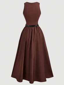 SHEIN Girlism Teen Girls' Black Waist-Cinched A-Line Sleeveless Minimalist Snug Fit Party Cocktail Dress - Brown - View 2