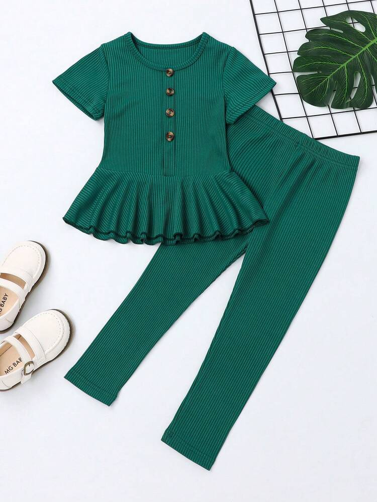 Young Girl Rib Knit Fake Button Peplum Tee & Pants