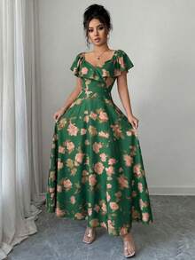 Elenzga Ruffled Waist A-Line Ditsy Floral Elegant French Style Dress - Green - View 3
