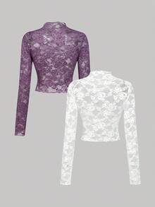 SHEIN MOD 2pcs Women's Lace See-Through Long Sleeve White &Black Top,Summer Holiday Outfits, Ceremony,Beach Vacation Outfits,Vacation Outfits Women,Out Going Outfits,Graduation Ceremony - Multicolor - View 2