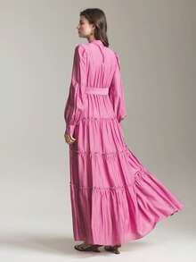 Ontre Women's Elegant Pink Long Sleeve Shirt Dress,Autumn Tea Party Solid Color Waist Loose Fit Maxi Dress,Minimalist Office Wear Wedding Guest Holiday - Pink - View 4