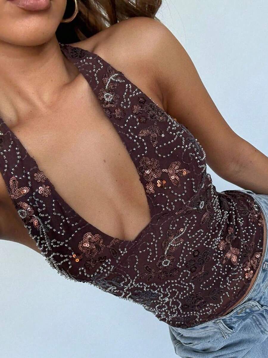 Siren Gaze Women's Spring/Summer Sequined Embroidered Halter Neck Top, Vacation-Style Bohemian Deep V Sequined Embroidered Brown Top. - Brown - View 1