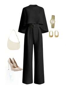 Pariaura Bộ áo liền quần nữ kiểu Pháp thanh lịch, cổ tròn, thắt eo, giúp thon gọn vòng eo, thích hợp mặc thường ngày vào mùa đông. - màu đen - Xem 3