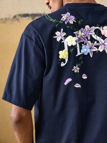 ROMWE MEN Street Life Men's Casual Floral & Letter Print Short Sleeve T-Shirt, Summer - Navy Blue - View 3