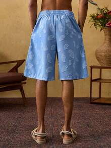 ROMWE MEN Street Life Pantalones cortos casuales de hombre con cintura con cordón y estampado jacquard, estilo escolar para uso diario - Azul - Ver 2