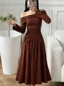 Brown Plain A Line Party Dress For Teen Girls Featuring Off The Shoulder And Three Quarter Sleeves - Brown - View 1