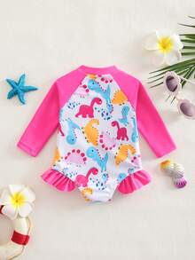 SHEIN Newborn Baby Cartoon Dinosaur Print Raglan Sleeve Ruffled Trim One-Piece Swimsuit - Hot Pink - View 2