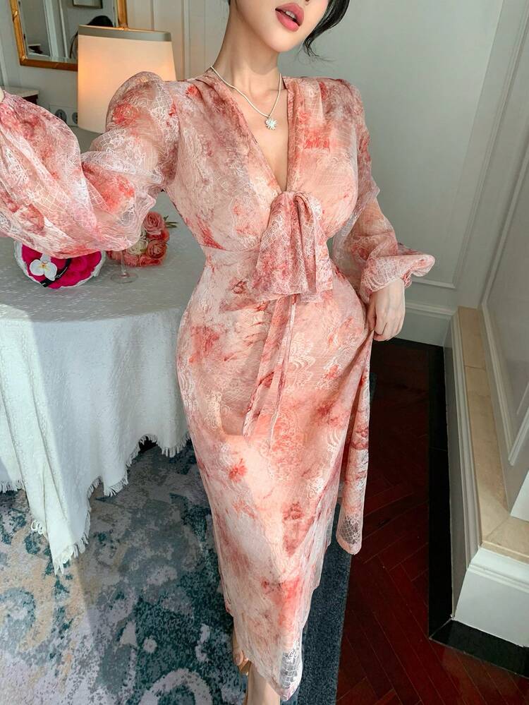 Women's V-Neck Waist Tie Bow Decor Mesh Floral Print Elegant Dress Summer Sun Dresses For Women