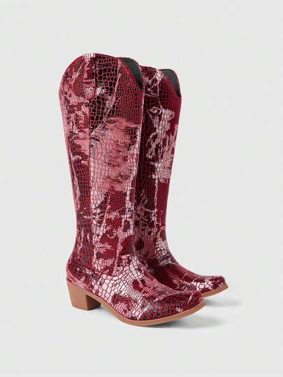 ROMWE European And American Style Pointed Toe Color Block Tall Boots, Snake Skin Patchwork, Comfortable Slip-On Mid-Heel Fashion Boots, Suitable For Autumn/Winter