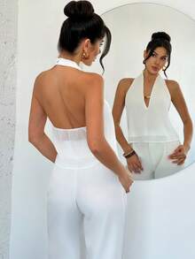 Firerie Women's Summer New V-Neck Beaded Halter Vacation Shirt Blouse, Women's V-Neck Blouse, Summer Vacation Shirt, Backless Top, Beaded Top, Spring Summer Clothing, Elegant, Date, Party, Music Festival, Boho, Vacation, Bohemian, Beach - White - View 2