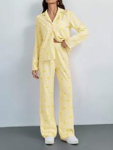 SHEIN Tall New Red & White Striped Printed Shirt & Pants Home & Casual 2pcs Outfit - Yellow - View 7