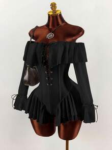 Amplova Romantic Vacation Off-Shoulder Ruched Waist A-Line Jumpsuit For Women - Black - View 4