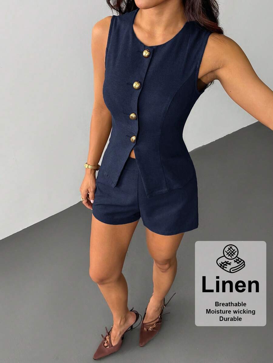 SHEIN PETITE 女款腰部套裝,優雅休閒,女性職場穿搭,適合嬌小女性 - 藏蓝色 - 查看 1