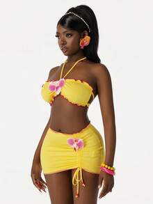 Amplova 女士夏季度假风花卉装饰荷叶边露背上衣和抽绳腰紧身裙两件套 - 黃色 - 查看 3