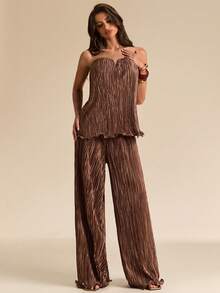 SHEIN BAE Khaki Pleated Texture Bandeau Top & Pleated Loose Wide-Leg Pants, Casual 2 Pieces Set, Khaki 2 Pieces Set, Vacation 2 Pieces Set - Khaki - View 5