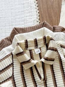 Vintaside Kids 幼儿男童时尚休闲 Polo 领条纹纯色多件套服装，适合外出、度假、休闲活动 - 杏色 - 查看 4