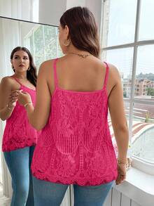 Reflora Plus Size Summer Casual Solid Color Lace Sweetheart Neck Camisole - Hot Pink - View 2