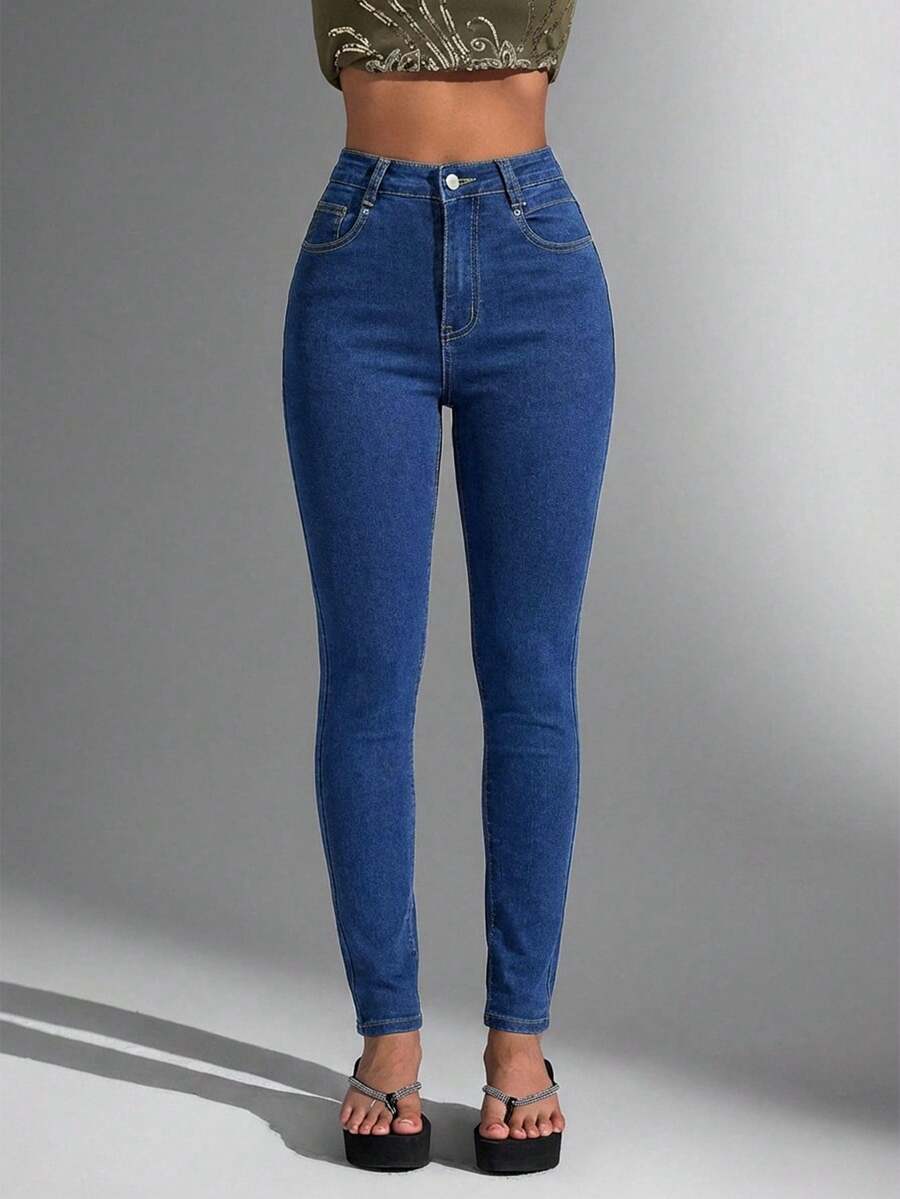 SHEIN Unity Women's Casual Commuting Minimalist Skinny Jeans - Blue - View 1