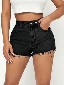 SHEIN PETITE Quần short denim bó ống rộng có túi xéo cho nữ mùa hè - màu đen - Xem 4